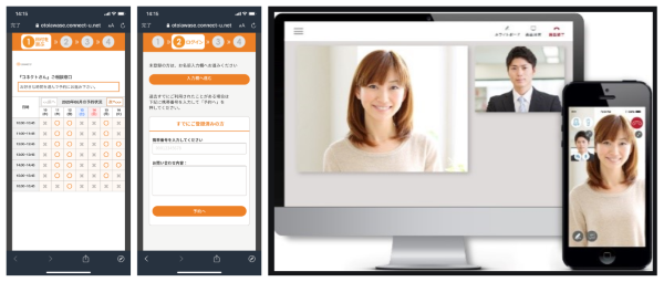 スケジュール（左画像）から空き時間帯を選択し、次の画面（中央画像）で電話番号を打ち込む。そして当日テレビ電話で接客してもらえる（右画像）。「1対1に特化した映像サービスのため画質が綺麗」（相場取締役）という