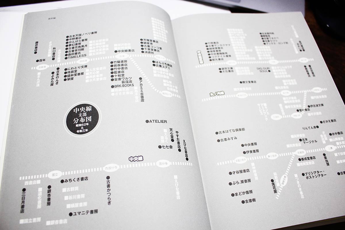昭和62年と令和3年の組合加入店舗の場所を記した「古本屋分布図」